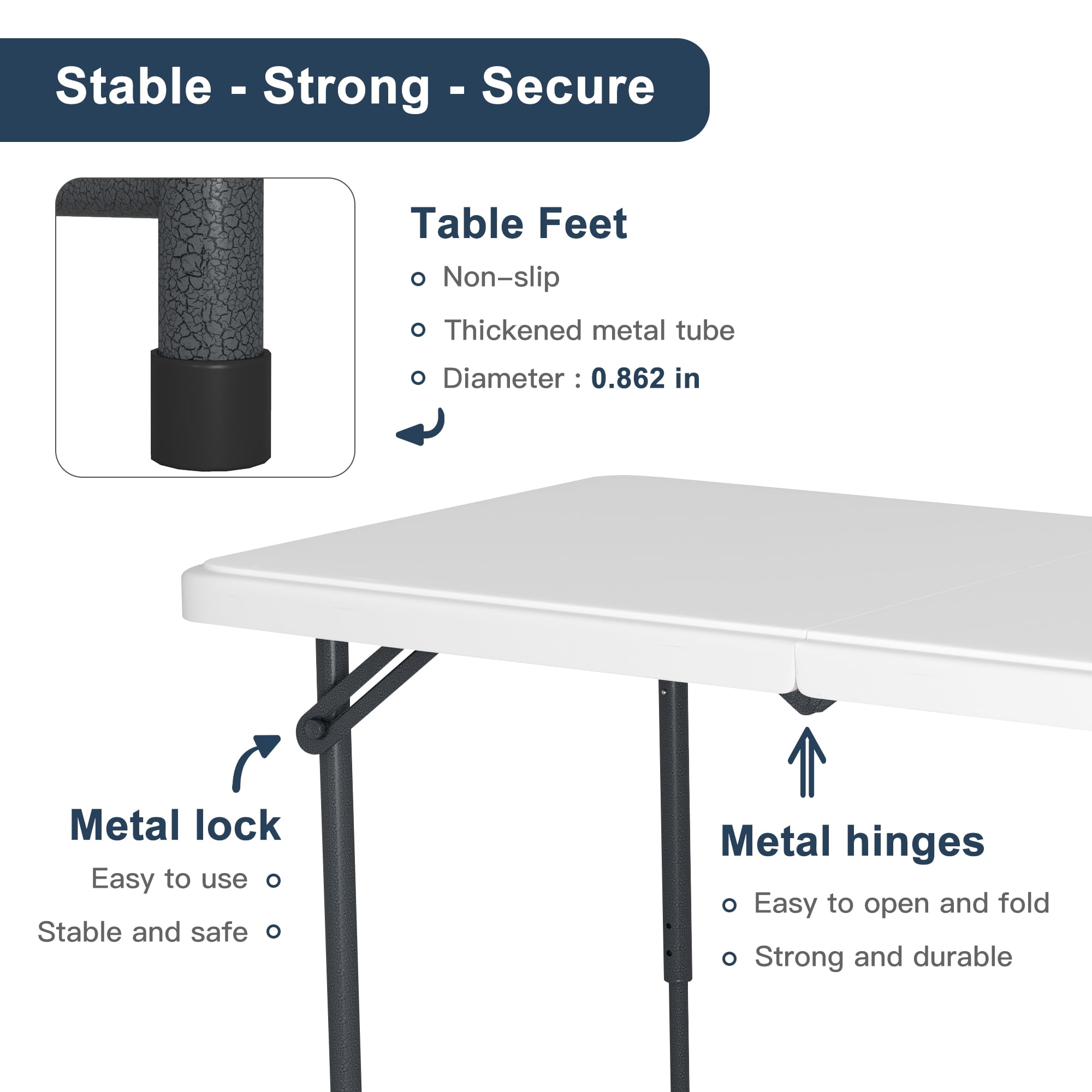 Demi Bonn 4ft Plastic Folding Table with Height Adjustable, Multipurposedoor Outdoor Duty Portable Rectangle Table with Handle, Lock for Picnic, Party, Camping, White
