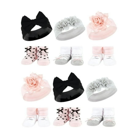 

Hudson Baby Infant Girl 12Pc Headband and Socks Giftset Pink Black Gray One Size