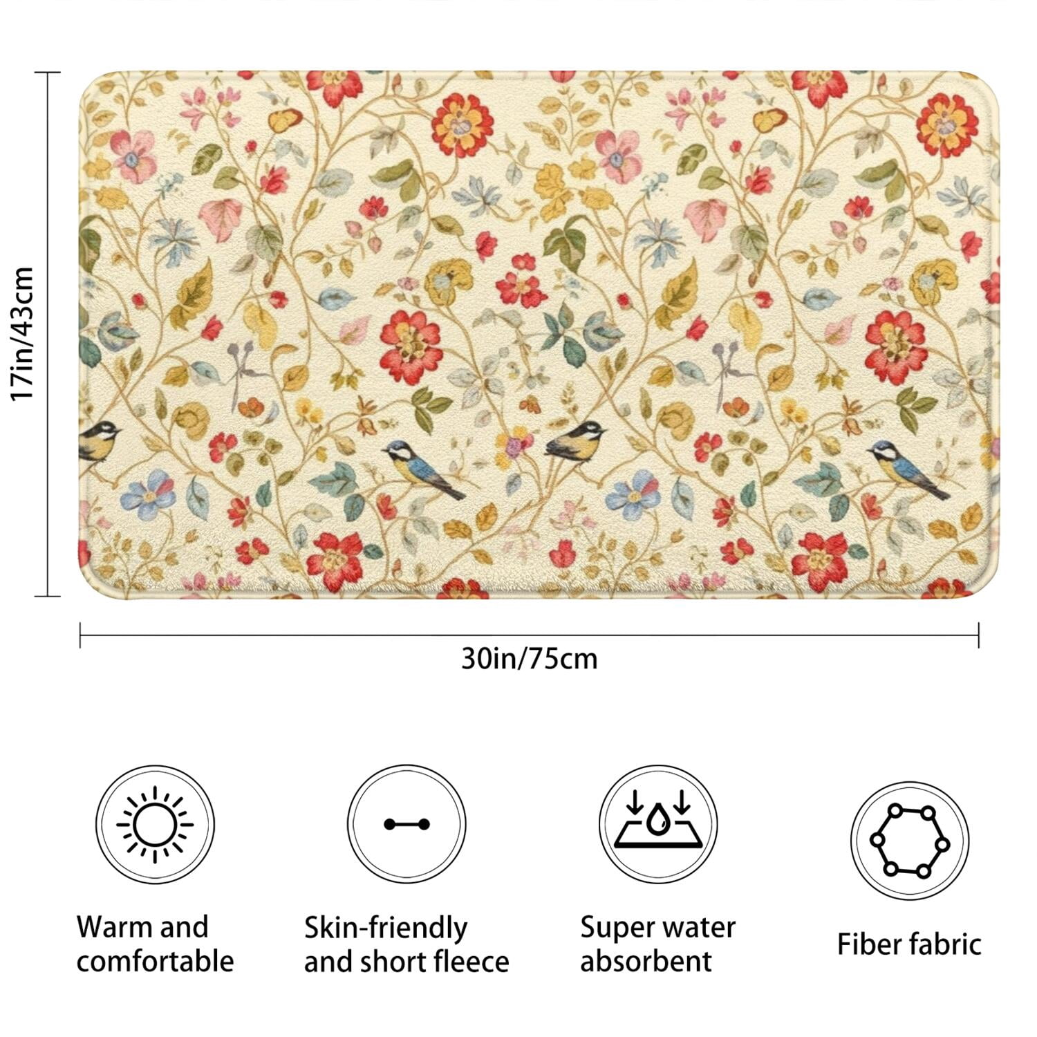 Pioneer Flower Floral Print Pattern Bathroom Rugs Mat, Non Slip Microfiber Bathroom Rug with Rubber Backing, Soft Mats for Bathroom Floor Tub Shower, 17"x30"