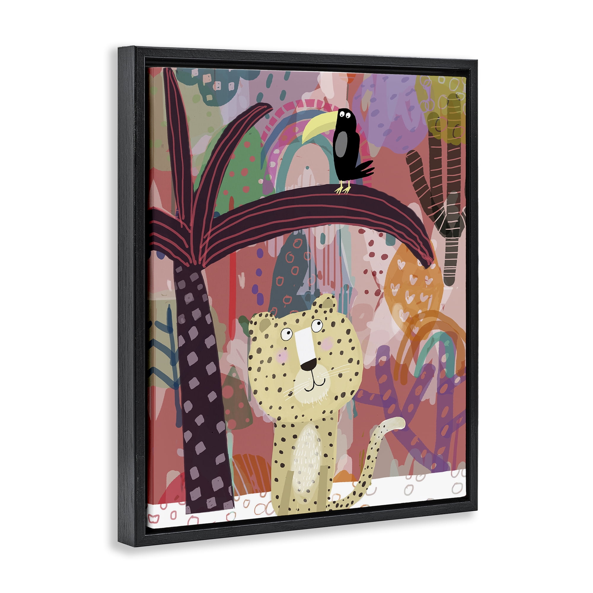 Whimsical Cheetah & Toucan Black Framed Floater Canvas Wall Art, design by Carla Daly