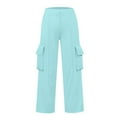 thumbnail image 3 of Women's Cargo Pants Women Casual Pants High Waist Elastic Waistband Drawstring Utility Wide Leg Cargo Sweatpants Light Blue XXL, 3 of 6