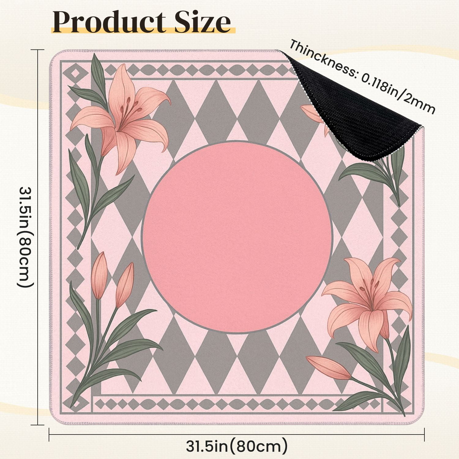 Mahjong Mat 31.5" x 31.5" Elegant Pink Floral Design Anti-Slip and Noise Reduction Symmetry Design Mahjong Tiles Table Cover for Dominoes Poker Card Board and Tile Games