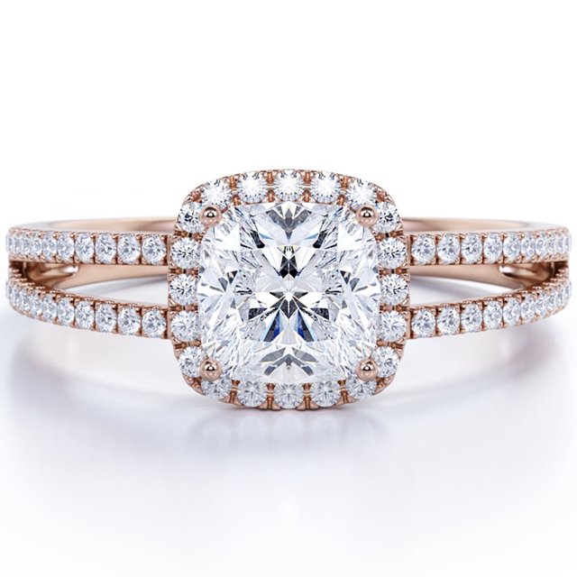 JeenMata Anillo de Compromiso de 1,25 Quilates con Corte de Cojín de Moissanita, Halo y Cuerpo Dividido, Chapado en Oro Rosa de 18 K sobre Plata