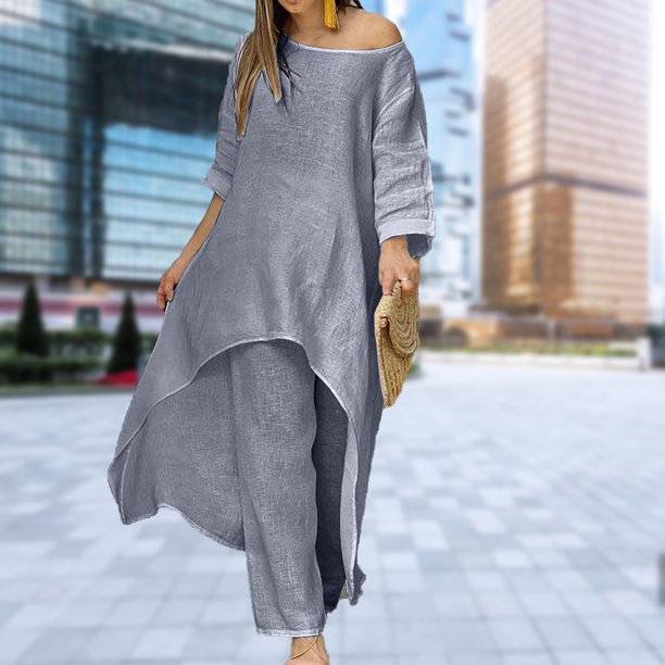 Atuendos Con Pantalones De Pierna Ancha 2pcs/set Loose Solid Two Piece Sets Traje de pantalones sueltos para ir de compras (Gris oscuro XXL Cgtredaw Para estrenar