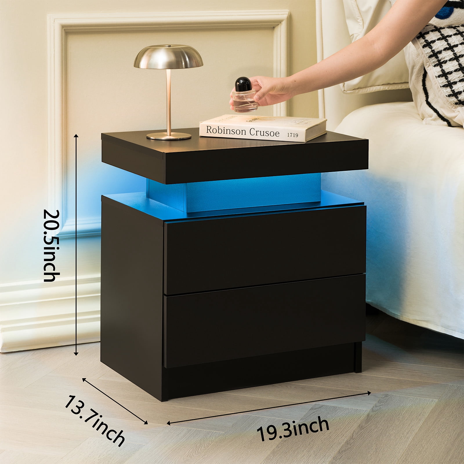 Leumius 2 Drawer Modern Nightstand with LED Light Small Bedside Tables End Side for Bedroom,Black