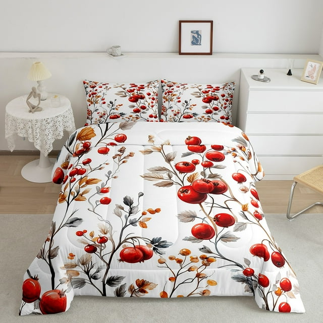 YST Pomegranate Reverse Queen Comforter Set,Fall Autumn Leaves Branches Bedding Comforter Sets,Tropical Botanical Bedding for Girls,Fruit Theme Down Comforter with 2 Pillow Covers,Red White