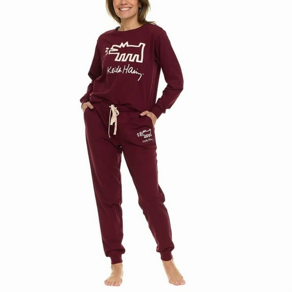 Keith Haring Women's 2 Piece Super Soft Luxurious Fleece Lounge Pajama Set, Long Sleeve Crew and Jogger (Burgundy Small)