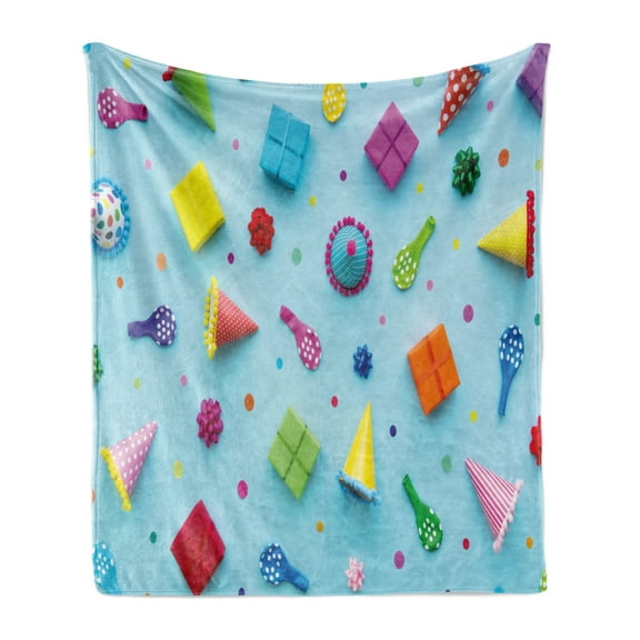 Colorful Soft Flannel Fleece Throw Blanket, Birthday Party Related Objects and Colored Polka Dots Image Art, Cozy Plush for Indoor and Outdoor Use, 50" x 60", Pale Blue and Multicolor, by Ambesonne