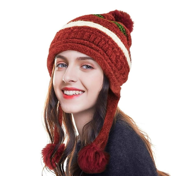 WOWSTYLE Winter Warm Hats for Women Red Peruvian Cover Ears Beanie Sherpa Hats Knit Fleece Lined 3 Pom Pom Valentine's Day