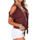 thumbnail image 4 of Qarigey Camiseta de mujer con cuello en V y hombros descubiertos, blusa informal de manga corta con cuello en V Prendas para la parte del cuerpo Vino rojo 3XL Qarigey AP002687-24, 4 of 5