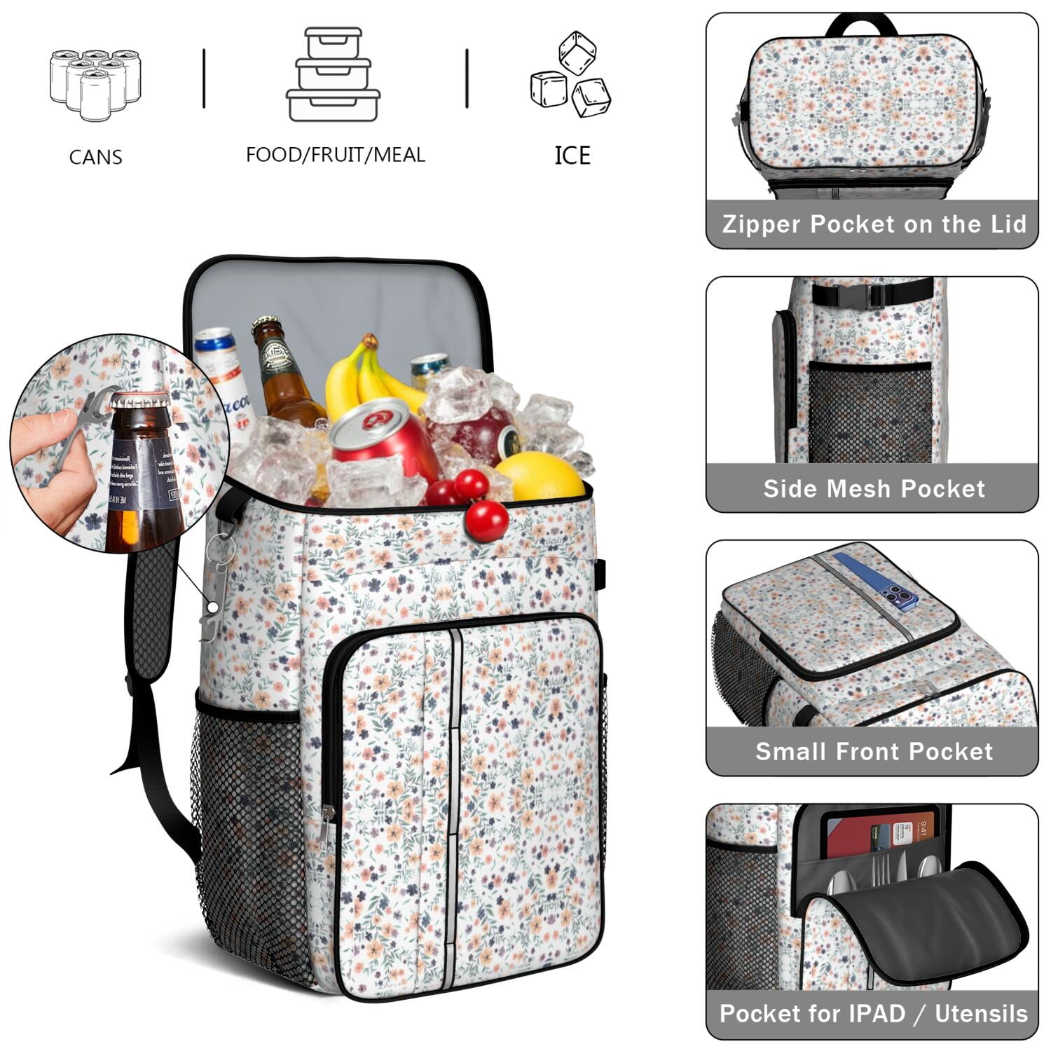 Travel Cooler Bag - Boho Bohemia Flower Camping Beer Cooler Backpack with Bottle Opener- Waterproof Insulated Picnic Backpacks - Cooler Bag for Beach