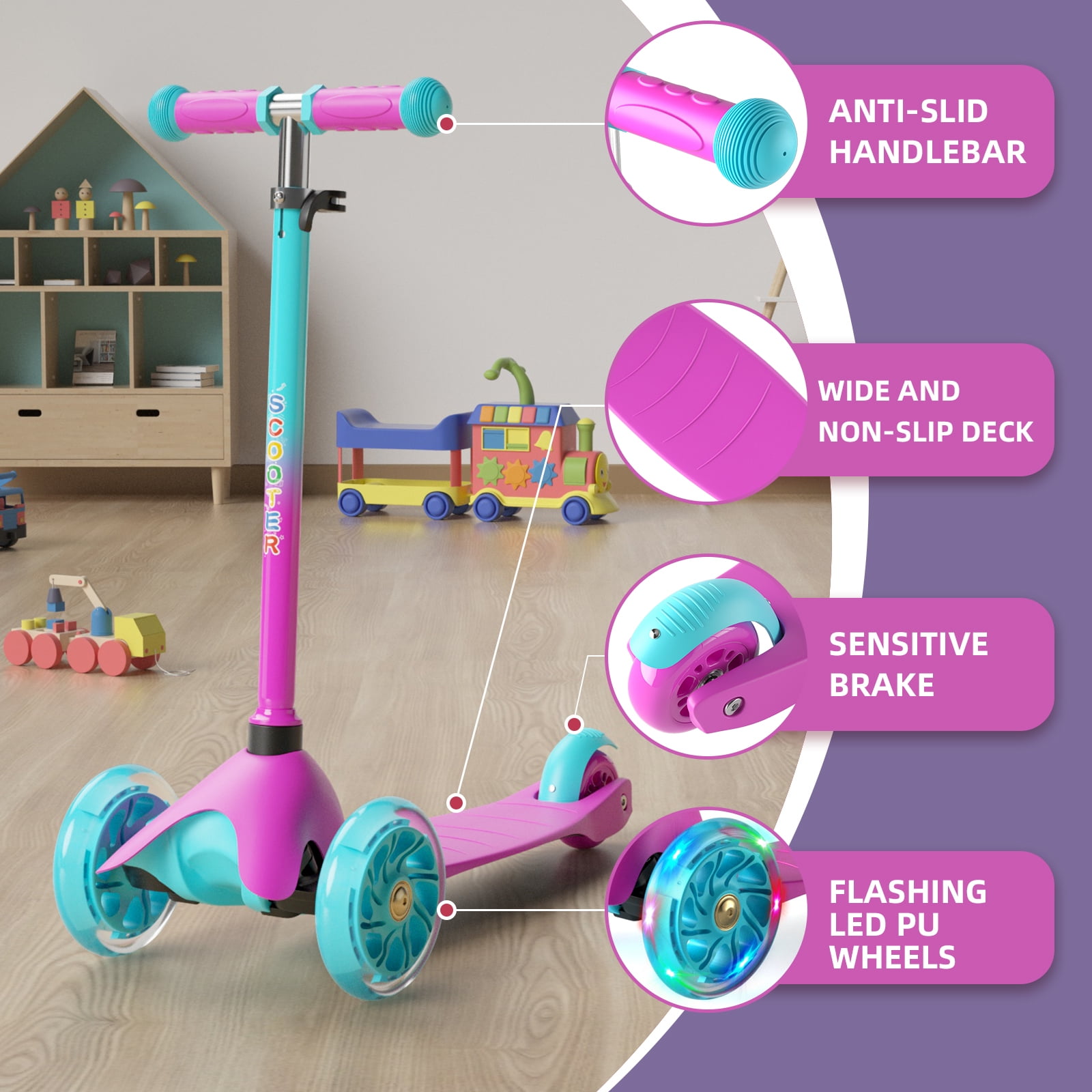 XJD 3 Wheel Scooters for Kids Folding Kick Scooters Adjustable Height,  Anti-Slip Deck, Flashing Wheel Lights, for Boys/Girls 2-5 Years Old