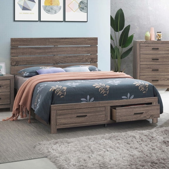 Geary's Eastern King Barrel Oak Storage Panel Bed Featuring Slatted Headboard and Drawers