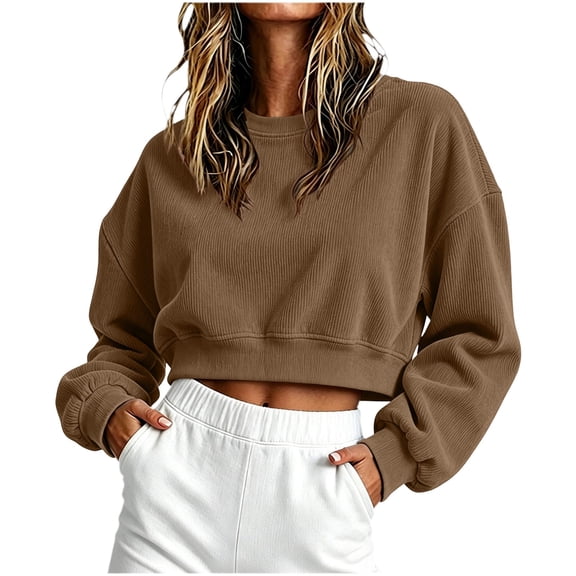 Maplenight Cropped Corduroy Sweatshirts for Women Long Sleeve Crew Neck Sweatshirts Loose Casual Pullover Tops