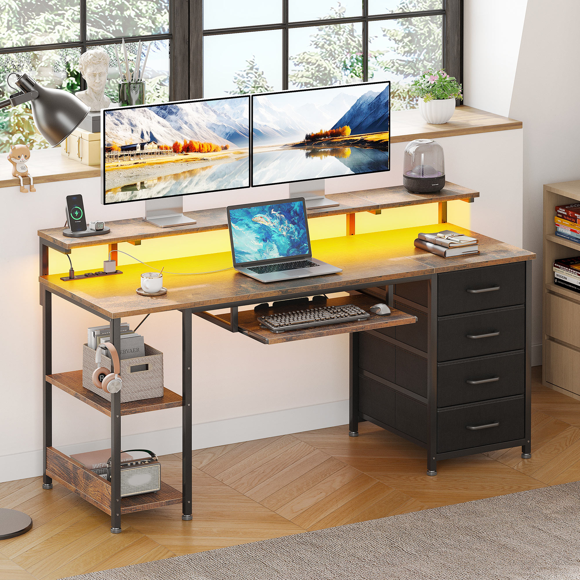 Casacomoda 55" Office Desk with Power Outlets and LED Lights, Vintage photo 2