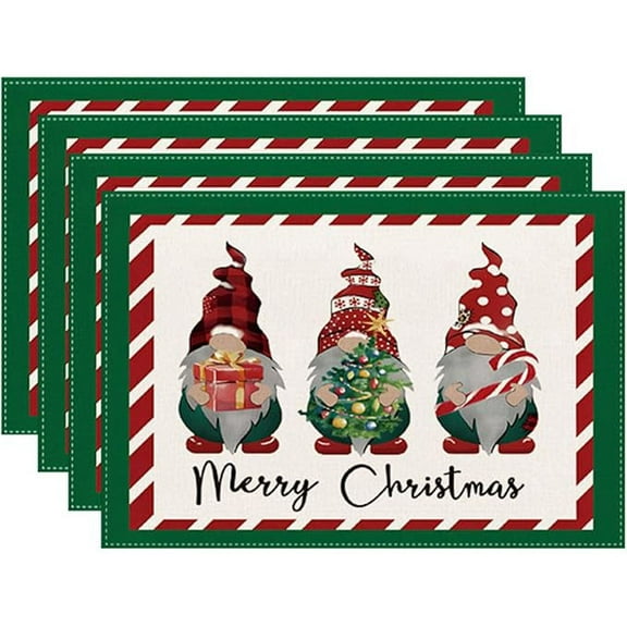 Christmas Gnomes Placemats Set of 4, 12x18 Inch Red Green Candy Cane Xmas Winter Holiday Table Place Mats for Kitchen Dining Home Party Decor