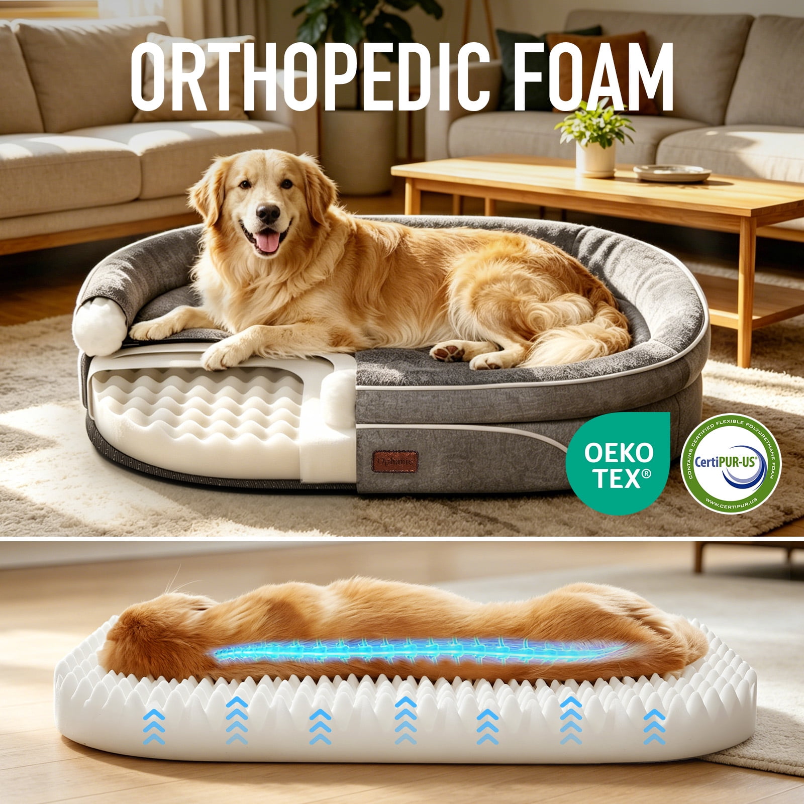 Ophanie Gray Luxury Sofa-Style Pet Orthopedic Bed for Large Dogs – Removable Machine-Washable Plush Cover, 4-Sided Bolster, Non-Slip Bottom, Size 45"x34"x7"