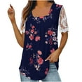 thumbnail image 2 of Summer Saving Wycnly Womens Tops Dressy Casual Going out Elegant Lace Patchwork Loose Pleated Swing Tunic Tees Shirts Summer Short Sleeve Round Neck Tops Feather Print Blouse Dark Blue s, 2 of 5