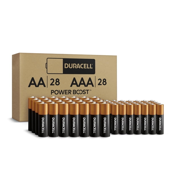 pilas duracell coppertop aa + aaa, 56 unidades (paquete de 1) Paquete e-commerce con 28 pilas AA y 28 pilas AAA Duracell Coppertop alineadas frente a una caja marrón con logo Duracell y texto AA 28 AAA 28 Power Boost; pilas alcalinas con recubrimiento cobre en el polo positivo y cuerpo negro marcado "Duracell", formuladas con ingredientes Power Boost y hasta 12 años en almacenamiento, útiles para controles remotos y linternas.