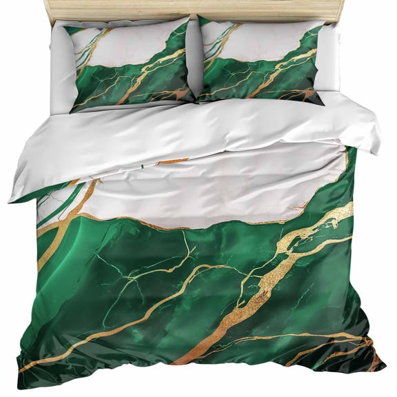 Green White Marble Bedding 3 Piece Duvet Cover Set Full Size, Nature Marble Crack Yellow Lines Art Soft Microfiber Comforter Cover with Zipper Closure & Pillowcases, FadeResistant Quilt Cover