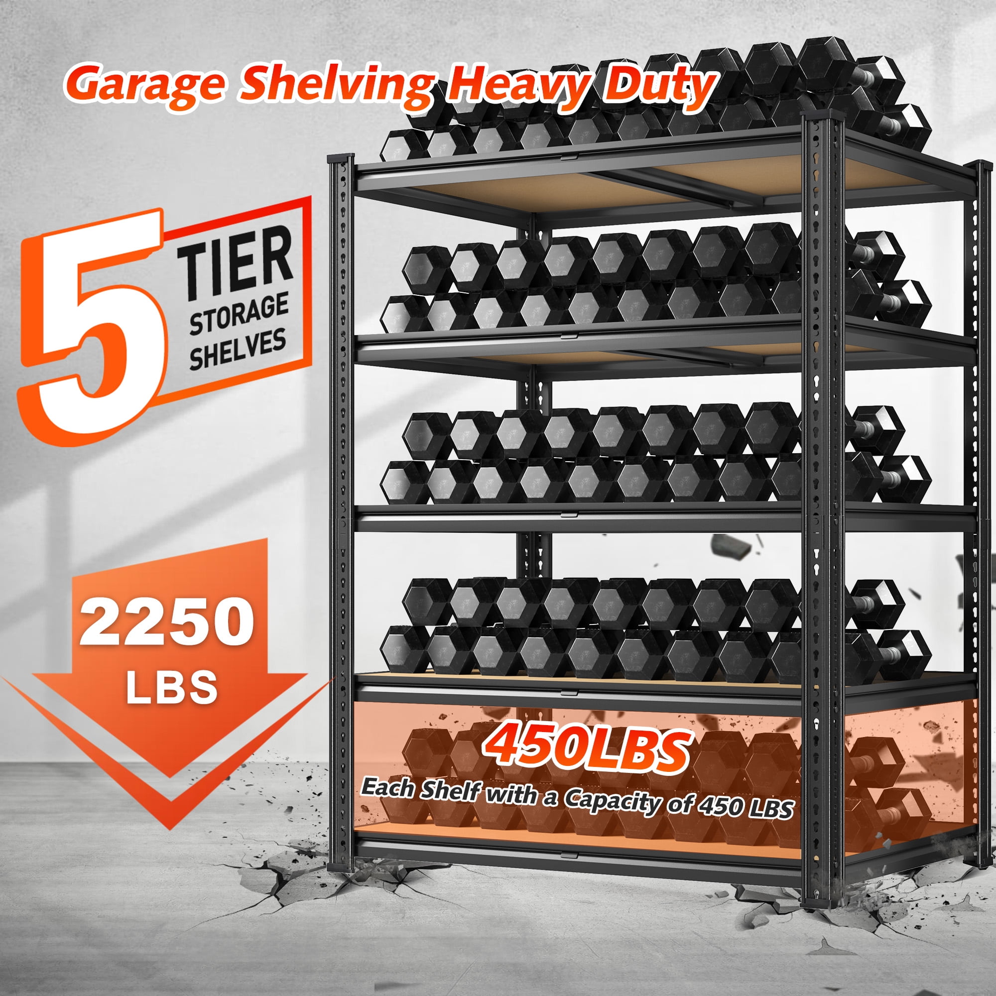 Heavy Duty Garage Shelves – 2-Pack, 5-Tier Metal Storage Racks, Adjustable, 72"H X 35.8"W X 16"D, Black