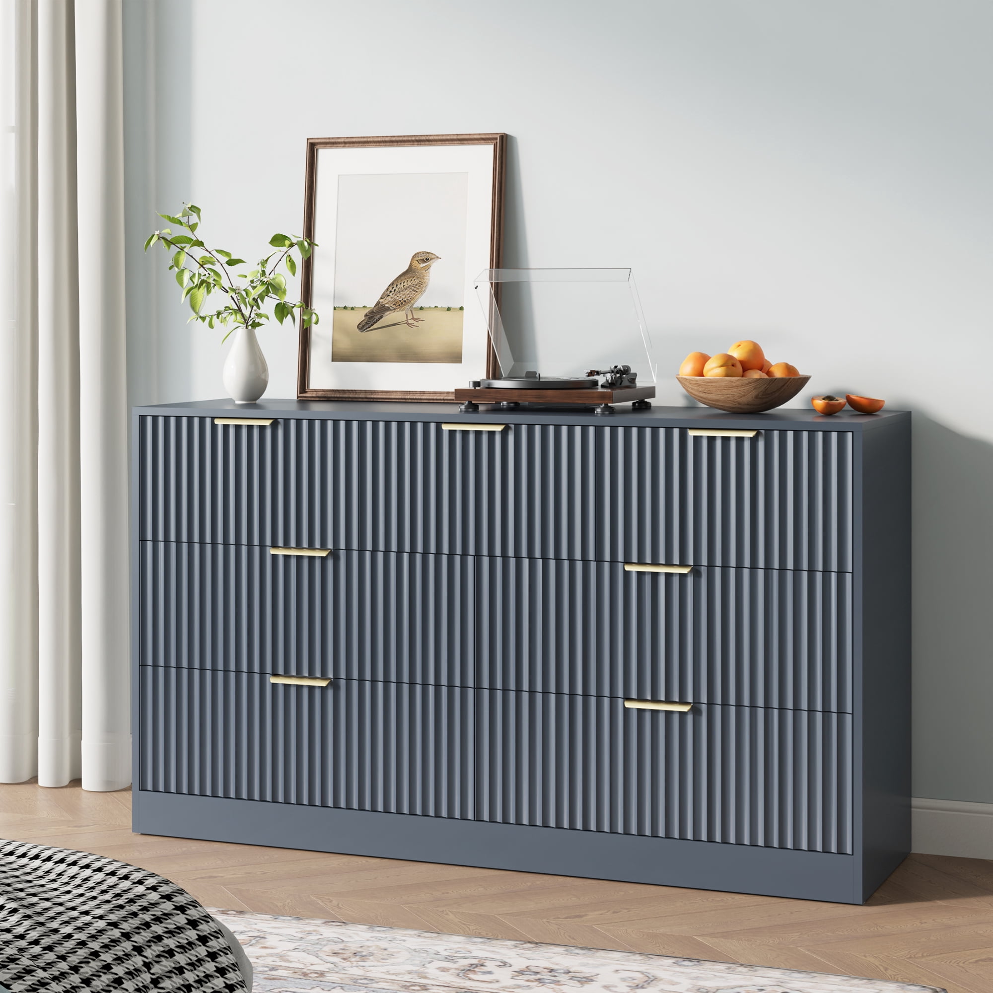 YouTrend 55.1"W Fluted Dressers for Bedroom with 7 Drawers,Modern Chest of Drawer TV Stand for Adults,Wood Clothes Storage for Living Room,Blue