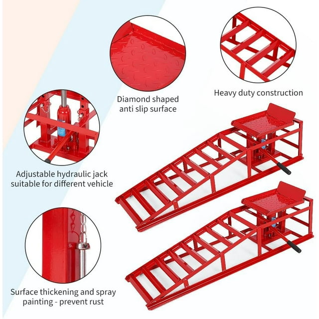 Yiwa Hydraulic Vehicle Service Ramps Set of 2, Low Profile Car and Truck Lifting Ramps with Adjustable Height, 5 Ton Capacity