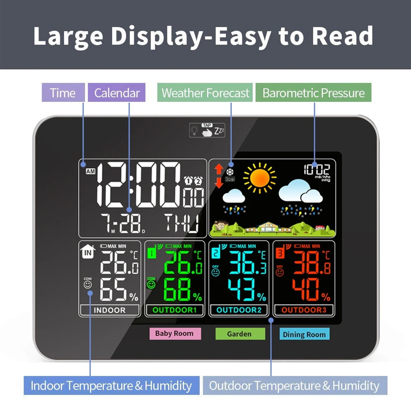 Weather Stations Wireless Indoor Outdoor Temperature Humidity VA Color Display Weather Forecast Barometric Pressure Alarm Clocks ,High Precision