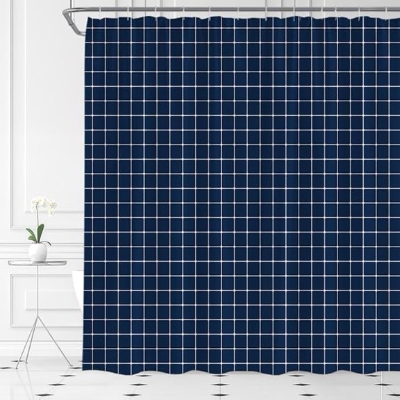 Navy Blue Geometric Shower Curtain Boho Farmhouse Rustic Cottagecore Aesthetic Chic Vintage Country Home Bathroom Curtains Decor Fabric Include Hooks 48"W x 72"L
