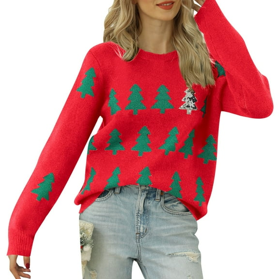zaveiop Christmas Tree Sweaters for Women Cute Fuzzy Funny Wintertime and Holiday Parties Knitted Pullover Sweater (Red, XL)