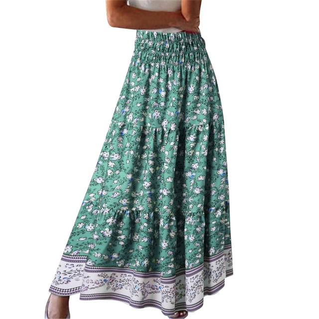 Gibobby faldas aesthetic Boho Tamaño Falda Arrugada Larga Verano Mujer Impresión Plus Falda(Verde, XXL)