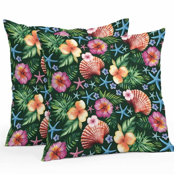 Outdoor Waterproof Pillow Covers Pack of 2, Summer Tropical Flowers Shells Starfish Black Background Decorative Throw Pillowcases Cushion Covers for Garden Patio Tent Sofa Couch, 16x16 inch