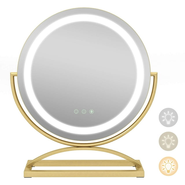 Costway Miroir de Maquillage Rond de 16 Pouces avec Lumières, 3 Couleurs, Gradable, Commande Tactile, Or