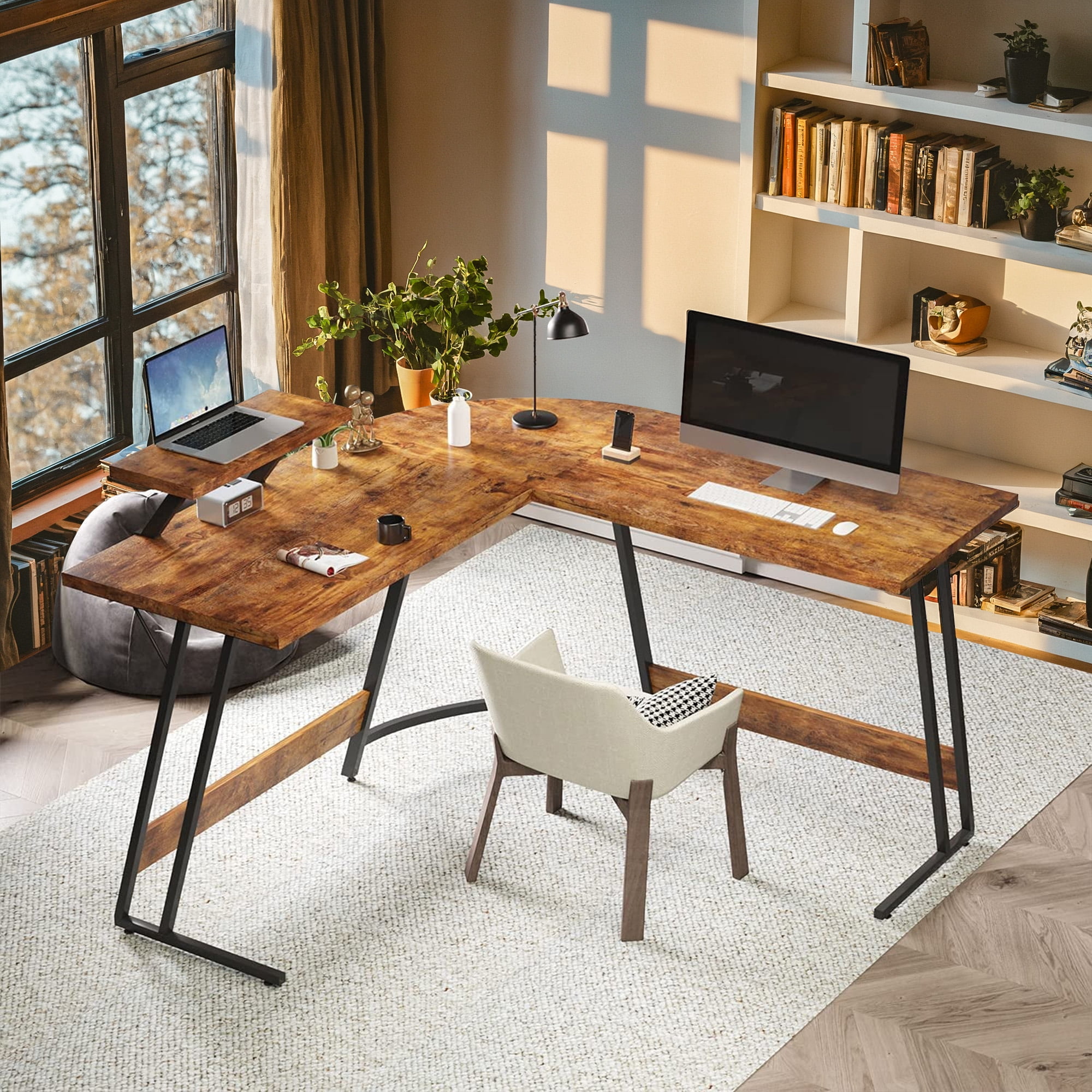 Vineego L-Shaped Computer Desk Modern Corner Desk with Small Table,Rustic Brown