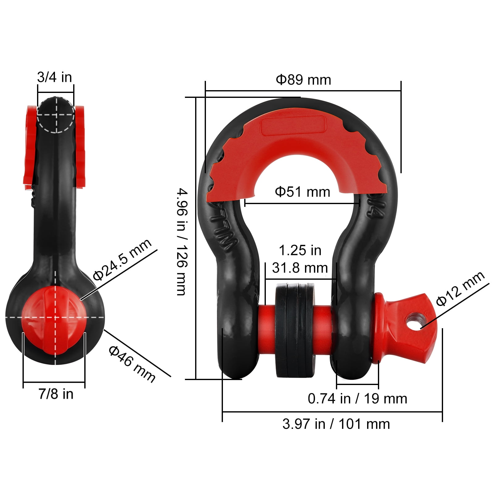 VEVOR 3/4" D-Ring Shackle,2 Pack Alloy Steel Shackles 62832 lbs (28.5 Ton) Break Strength with 7/8" Screw Pin, Isolators & Washers,Heavy Duty Off Road Vehicle Recovery Shackle for Jeep Truck,Black