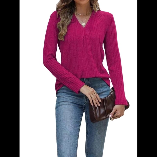 Suéter de Mujer con Cuello en V y Larga, Tops de Otoño, Ropa Informal de Moda Rosa Roja XL
