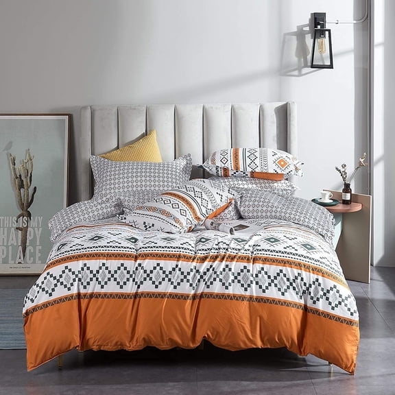 Bohemian Duvet Cover Set Twin Boho Orange and White Geometric Soft Breathable Comforter Cover Set Durable Geometric 3 Pieces with Zipper Closure and Corner Ties 68"x90" Bedding Set