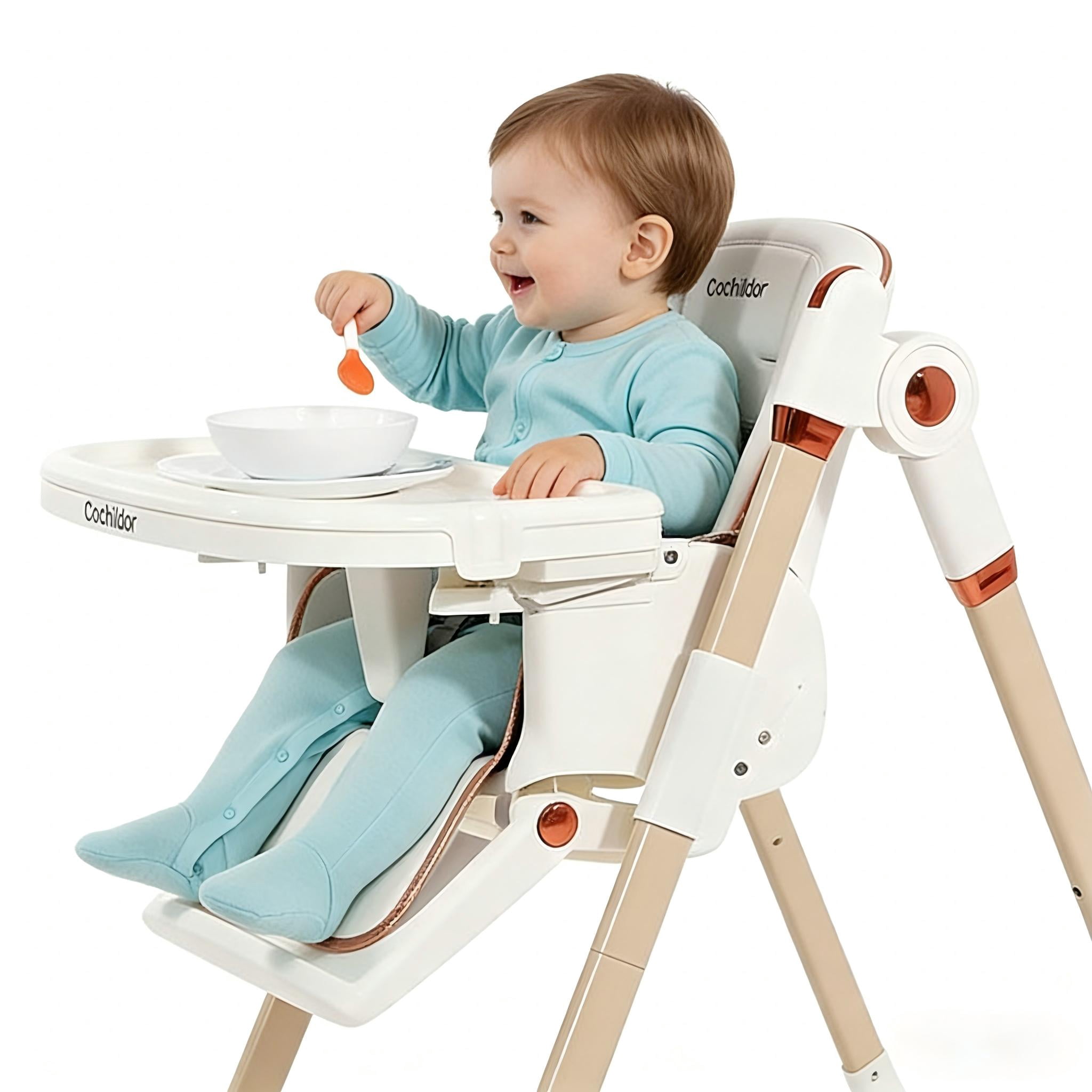 Clearance Cochildor Foldaway 3-in-1 High Chair for Babies & Toddlers, with 5 Point Harness, Tray, Foot Rest and Wheels, White