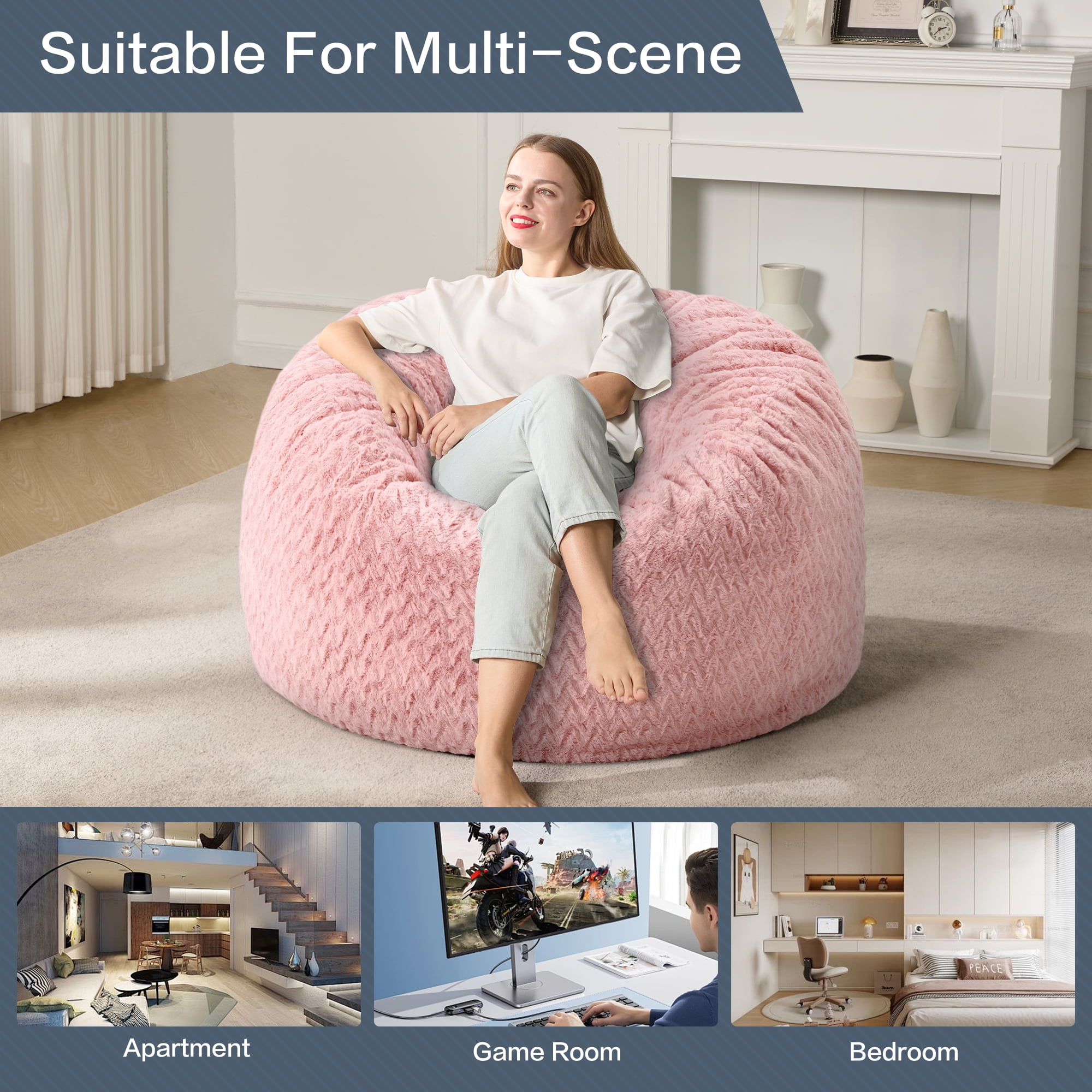 Hobestluk 3ft Bean Bag Chairs for Adults Large Beanbag Chair with Chevron Plush Fur Cover Big Bean Bag Chair for Living Room Bedroom Dorm Office - Pink (36” x 36” x 22”)