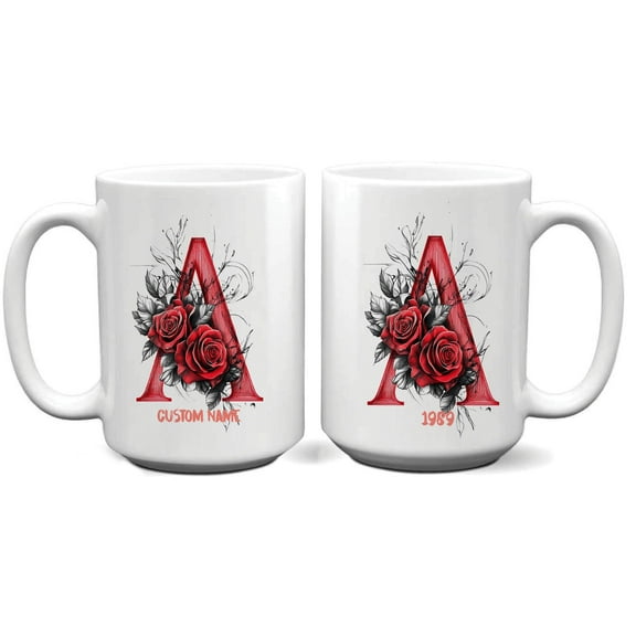 Monogrammed Floral Mug with Letter A, Personalized Ceramic Coffee Cup 11oz 15oz with Name Initial, Great for Women, Mom, Daughter, Daily Use or Casual Gatherings