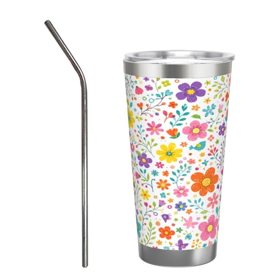 20oz Colorful Floral Bird Tumbler Insulated Car Cup Travel Coffee Cup Cute Gift for Women with Stainless Steel Straw