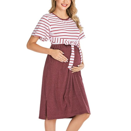 

Women Maternity Pregnant Dress Short Sleeve Striped Top Tie Front Shirt Solid Skirt Summer Knee Length Pregnancy Gown for Baby Shower Casual Pajamas Dress Casual Soft Sleepwear Daily Wear Red S-2XL