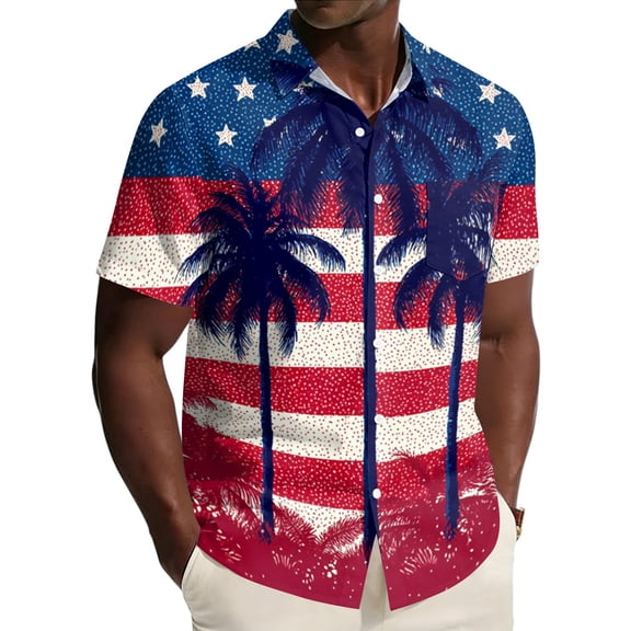 Hogleaql Independence Day Shirts for Men 4th Of July American Flag Graphic Short Sleeve Patriotic Shirts Collared Button Dressy Beach Casual Shirts for Men Navy 3XL