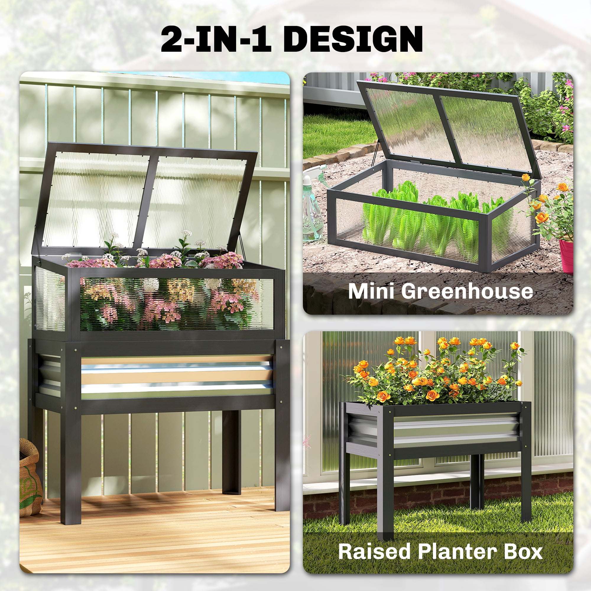 Outsunny Raised Garden Bed with Flip-Up Mini Greenhouse, Elevated Planter Box with Legs and Bed Liner for Flowers, Vegetables, Gray