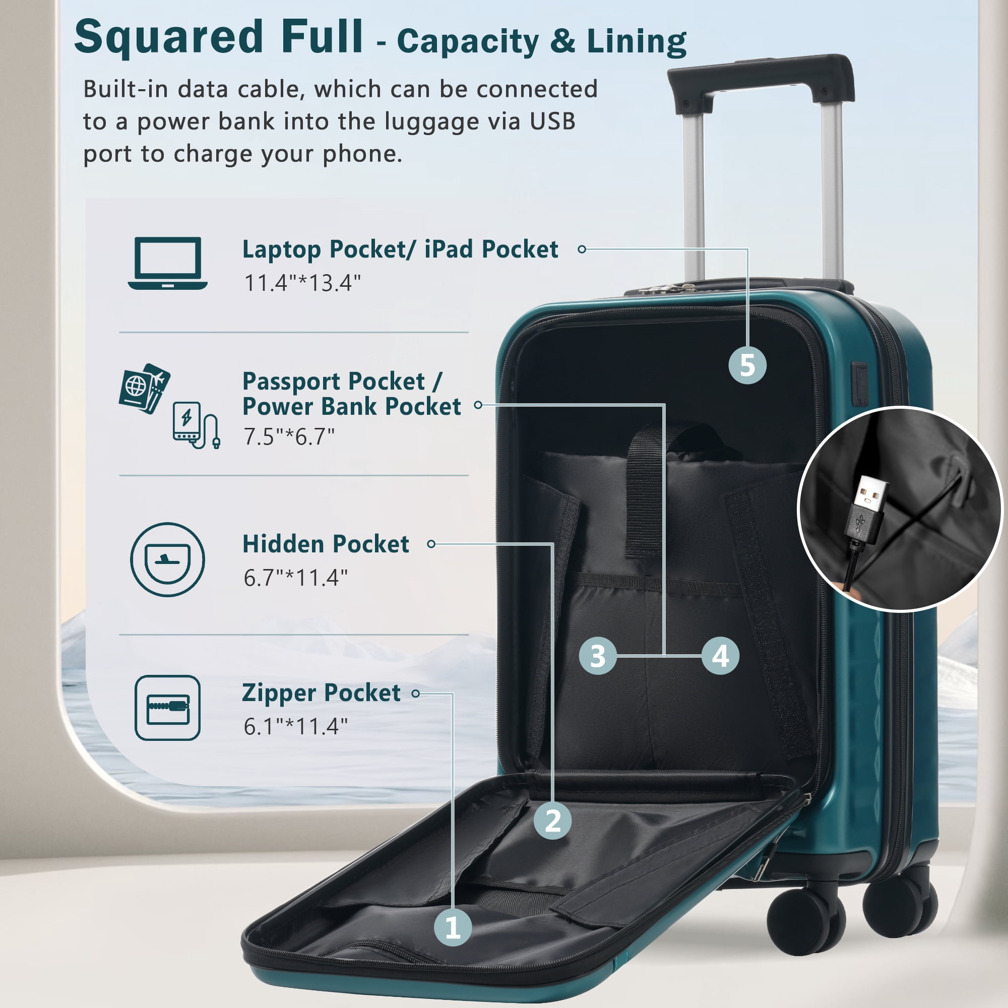 MAYEERTY 3-Piece Luggage Set: Front Opening 20" with USB Port+ Expandable 24" Hardside Suitcase + Tote Bag, Dark Green