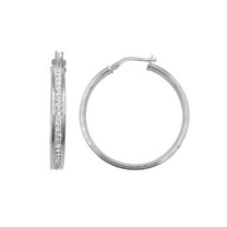 Brilliance Fine Jewelry Rhodium Plated Sterling Silver Classic Crystal Round Hoop Earring, Youth to Adult