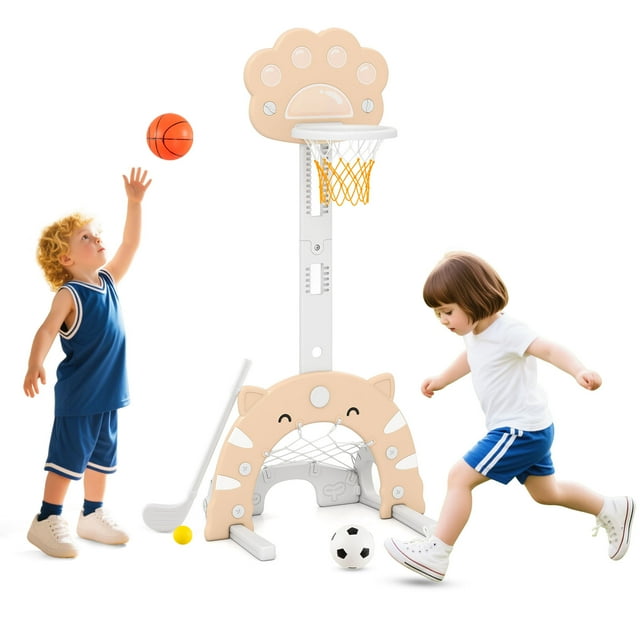 Gymax 3 in 1 Kids Basketball Hoop w/ Basketball Soccer & Golf Game Adjustable Height Mocha