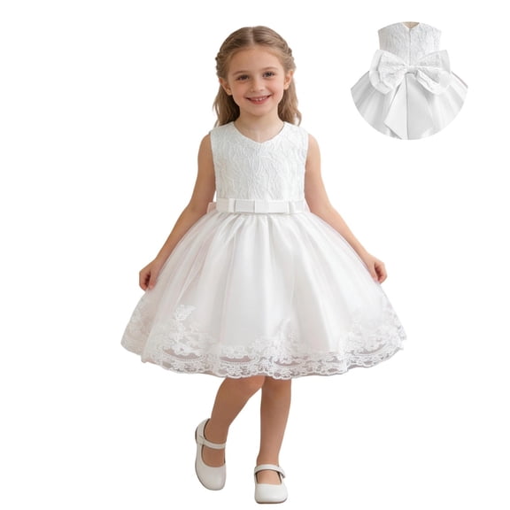 CYRBOKO Flower Girl Dresses, Birtyday Princess A-line Sleeveless Mesh Dresses White Size 4-5 T