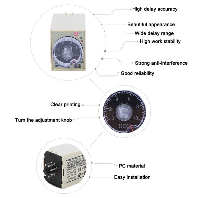 Relé De Tiempo, Relé De Tiempo De Retardo Fácil De Usar ST3PA-D AC220V 50/60Hz Para La Industria Para Circuito De Control Automatizado