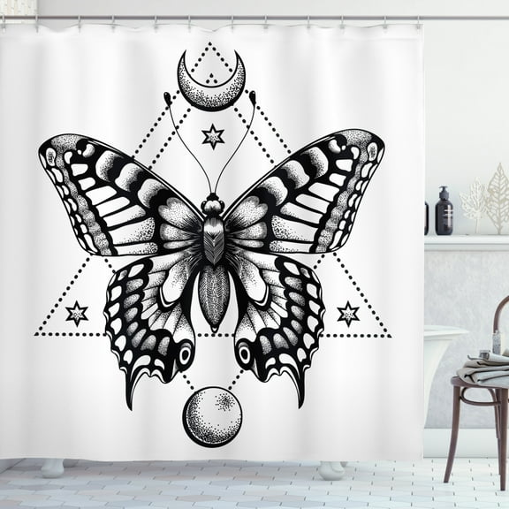 Magic Moon Shower Curtain, Detailed Drawing Mystical Butterfly with Triangles and Stars, Fabric Bathroom Set with Hooks, 69W X 70L Inches, Dark Night Blue and White, by Ambesonne